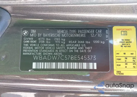 2011 BMW 328I z USA, uszkodzony, nr VIN WBADW7C57BE545373